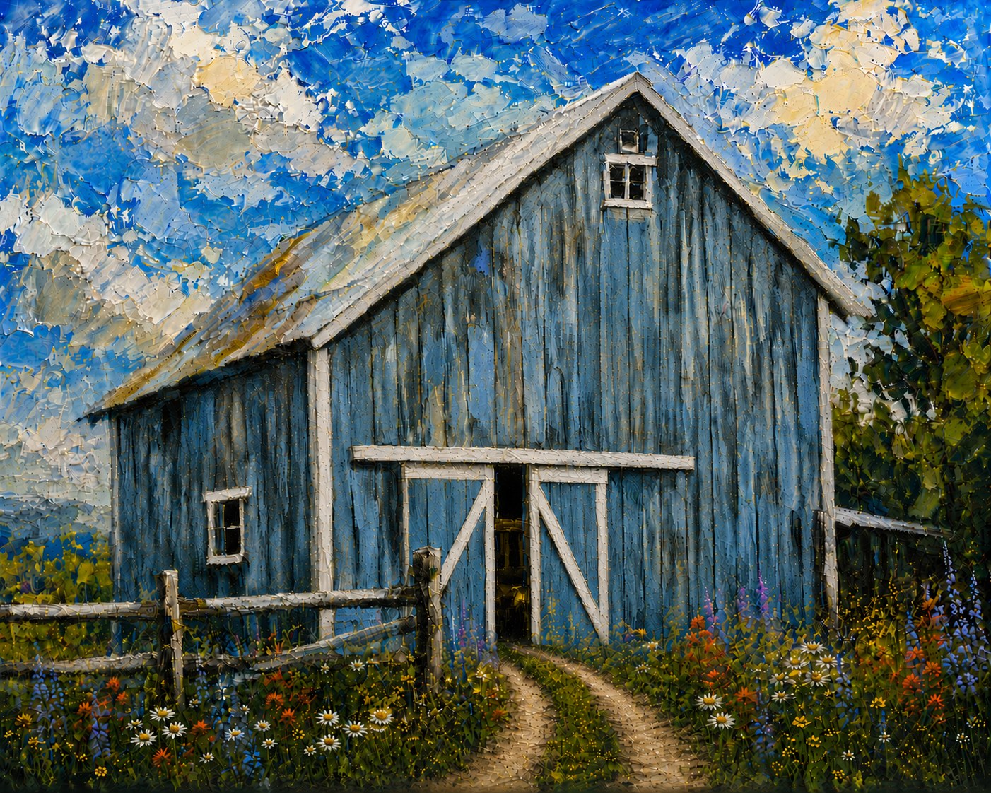 Blue Barn, Lensworth Impressionist artwork of a weathered blue barn with a dirt path and wildflowers under a textured sky