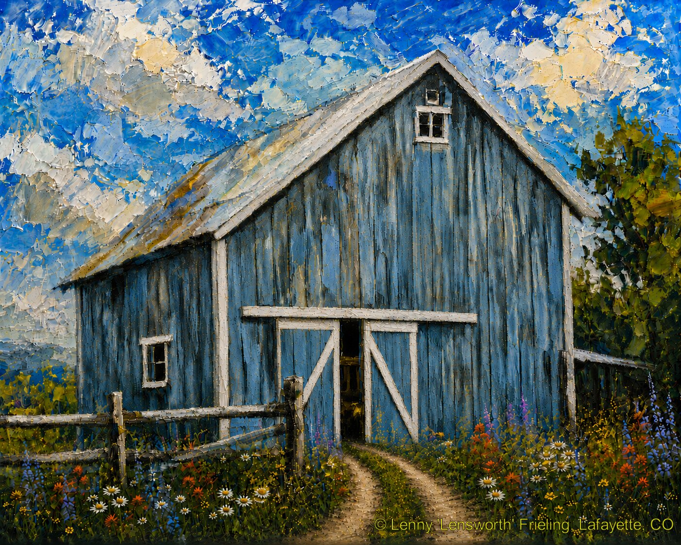 Blue Barn Blue Barn, Lensworth Impressionist artwork of a weathered blue barn with a dirt path and wildflowers under a textured sky