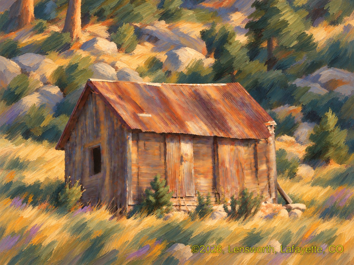 Boulder Falls Barn, Lensworth Impressionist artwork of a weathered wooden barn with a rusted tin roof among pines and granite boulders in golden grass