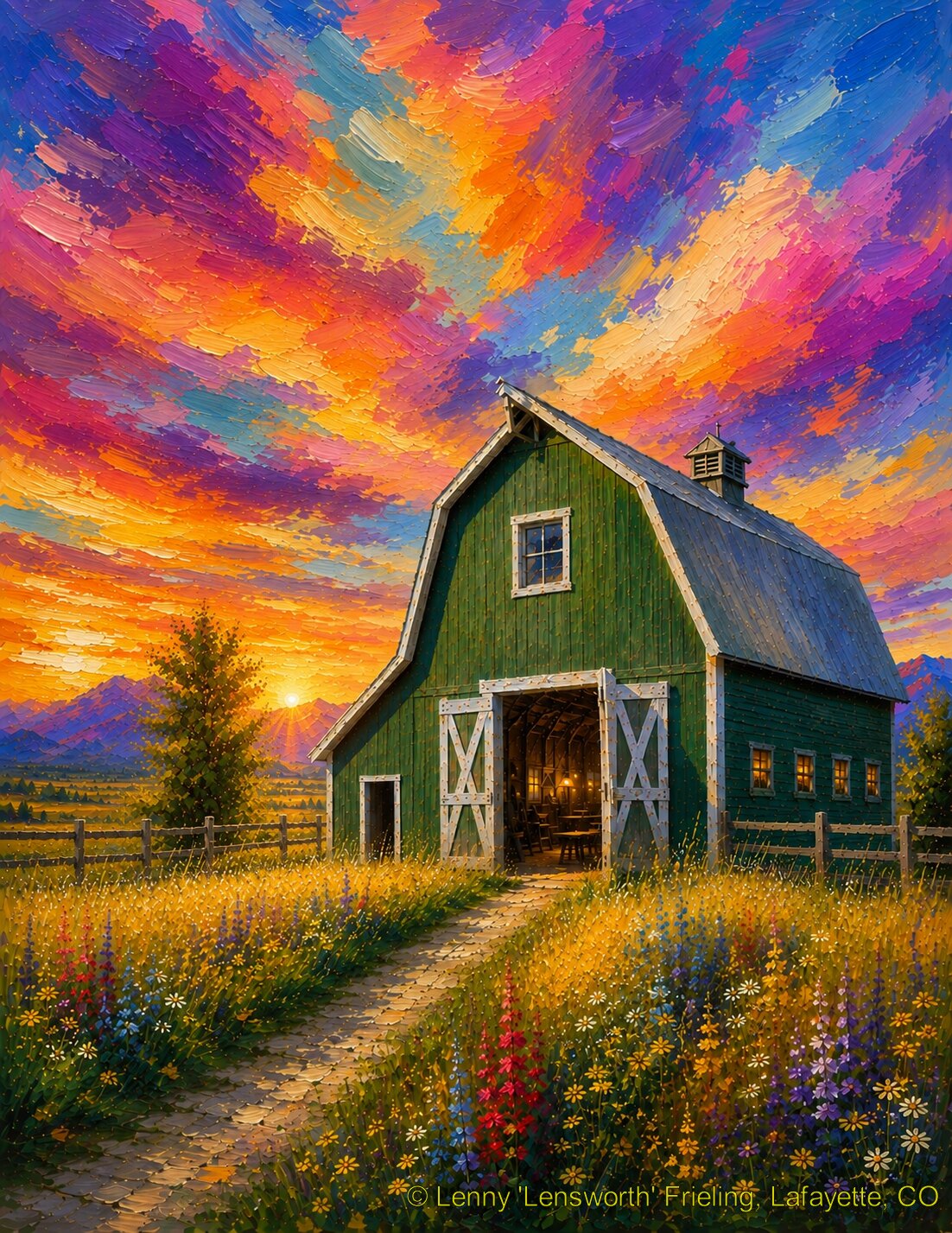 Green Barn at Sunset (portrait) Green Barn at Sunset, Lensworth Impressionist artwork of a green barn and wildflower path under a vivid orange and violet sky