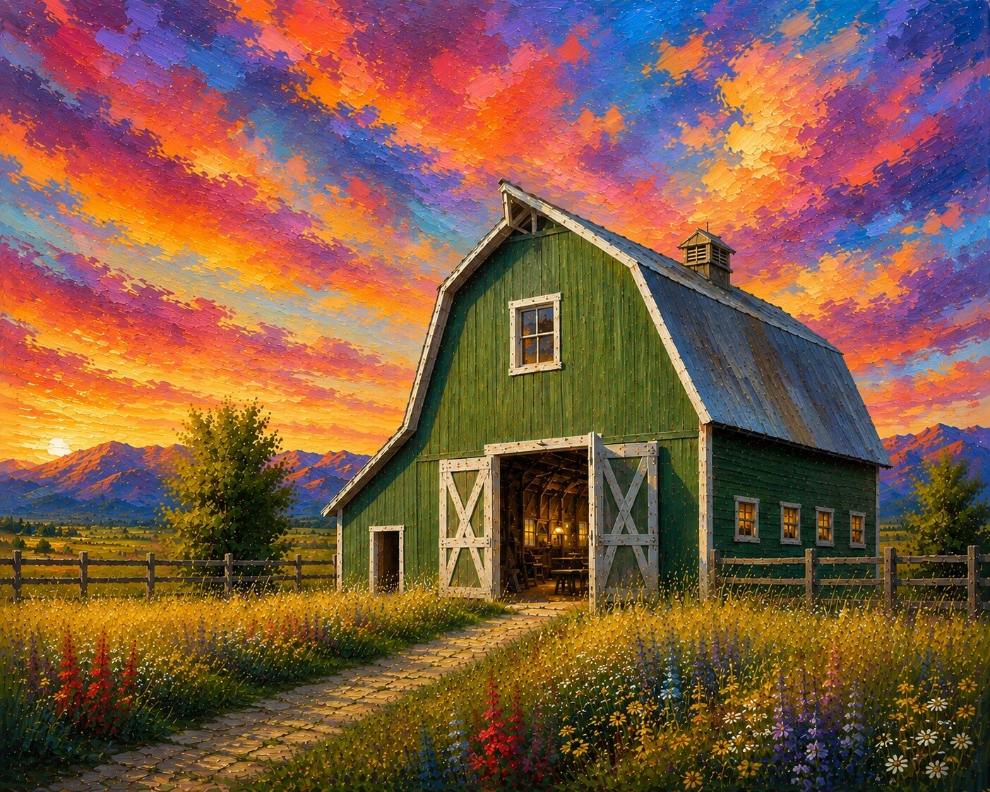 Green Barn at Sunset Green Barn at Sunset, Lensworth Impressionist artwork of a green barn and wildflower path under a vivid orange and violet sky