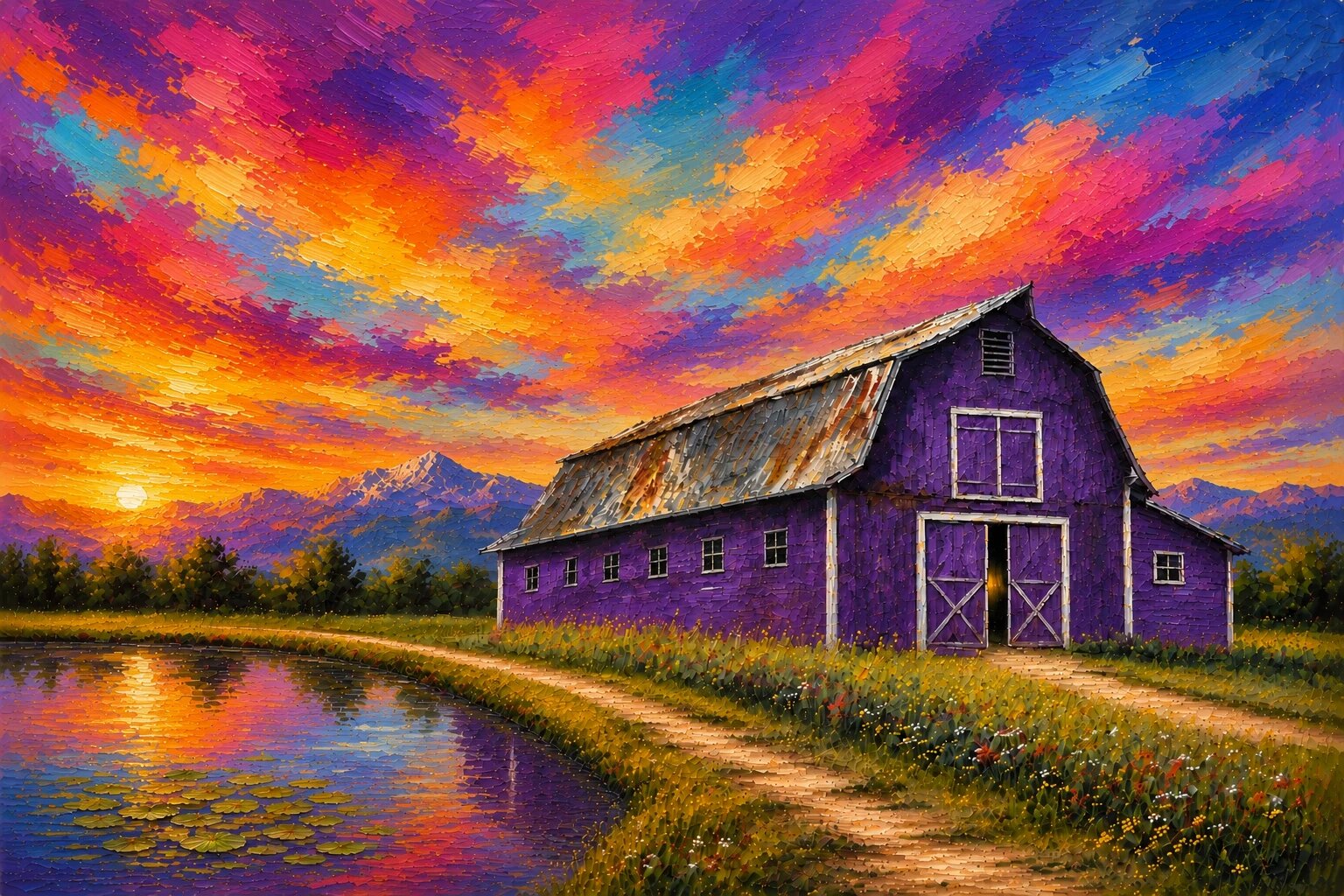 Purple Barn Purple Barn, Lensworth Impressionist artwork of a purple barn reflected in water beneath a blazing sunset sky