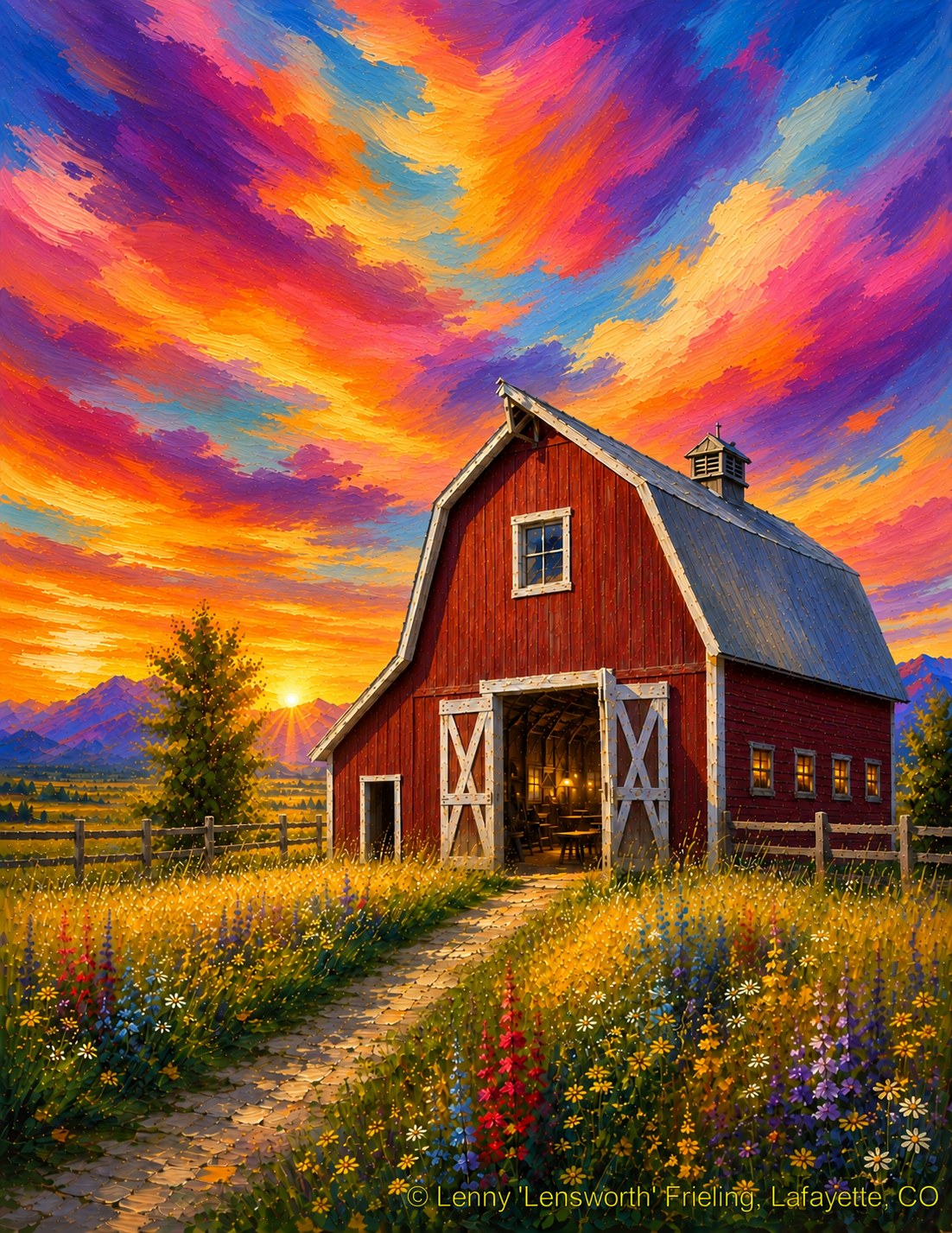 Red Barn, Bright Sky Red Barn, Bright Sky, Lensworth Impressionist artwork of a red barn and wildflower path under a vivid orange, pink and violet sunset sky