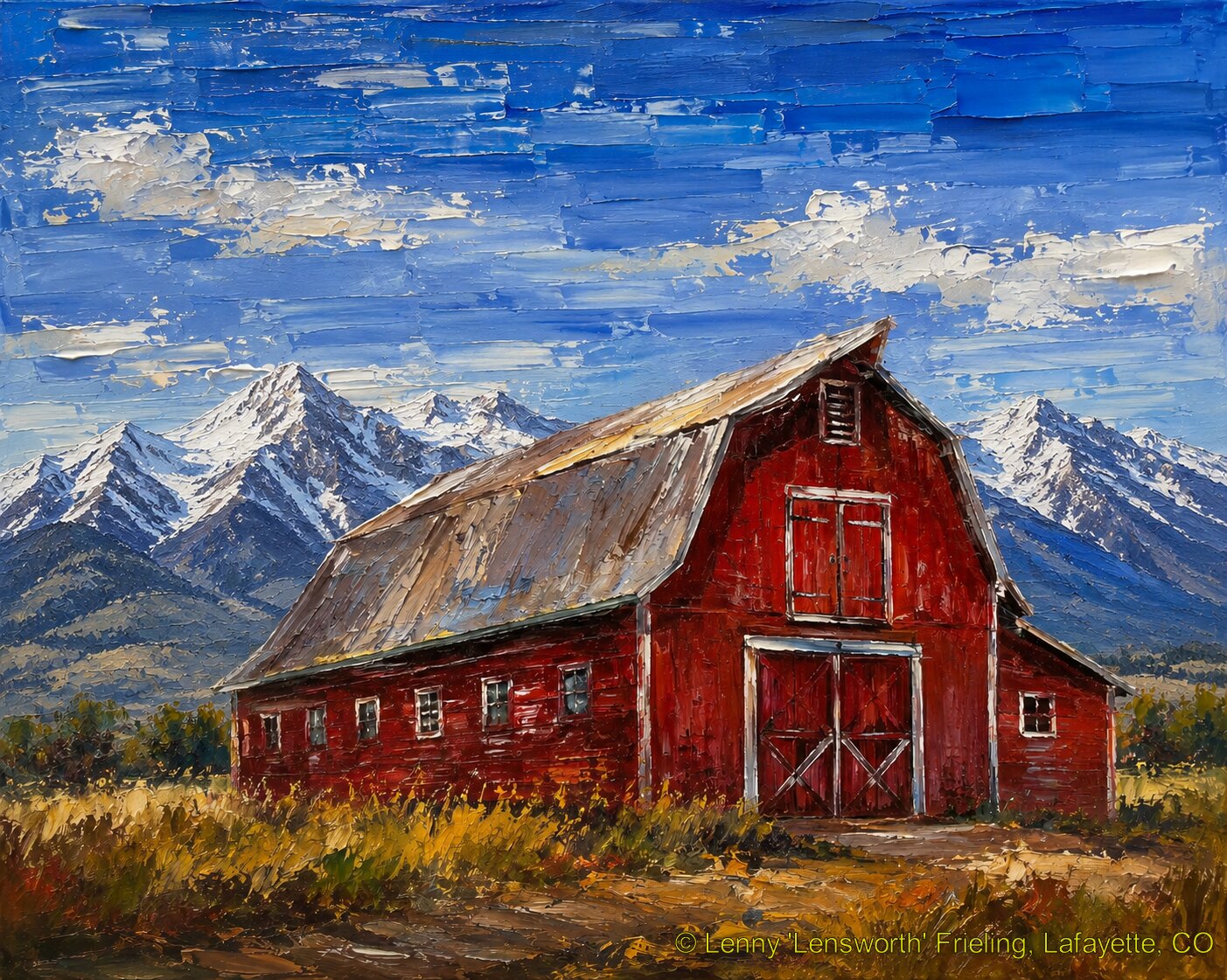 Red Barn and Snowy Peaks Red Barn and Snowy Peaks, Lensworth Impressionist artwork of a red barn in a golden field before snowcapped mountains