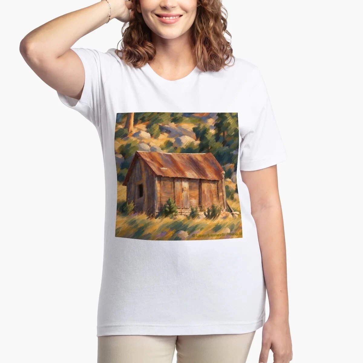 Boulder Falls Barn T-Shirt, White Boulder Falls Barn Lensworth design, a weathered barn with a rusted roof in Boulder Canyon, on a white T-shirt