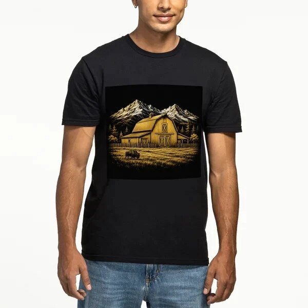 CU Colors Honor Shirt Lensworth CU colors honor shirt: a gold barn and mountain design on a black T-shirt