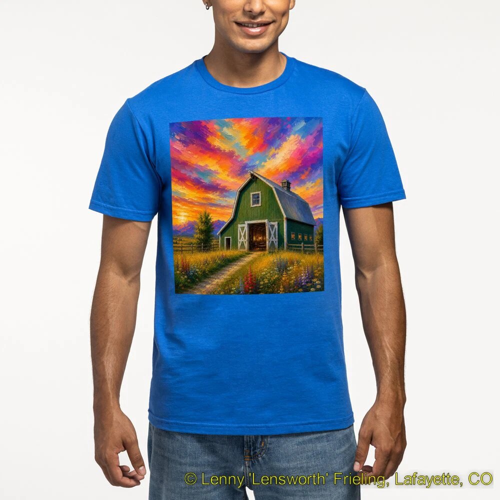 Green Barn T-Shirt, Royal Blue Green Barn at Sunset Lensworth design on a royal blue T-shirt