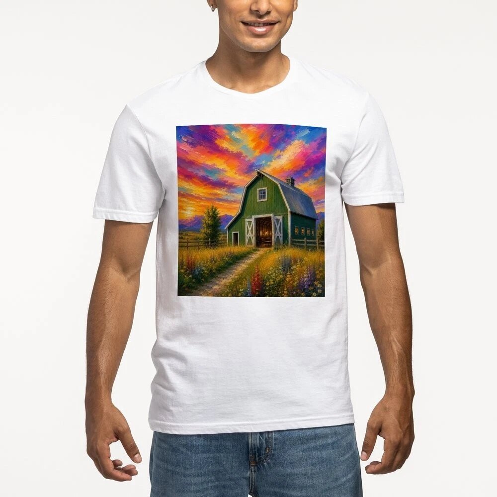 Green Barn T-Shirt, White Green Barn at Sunset Lensworth design on a white T-shirt