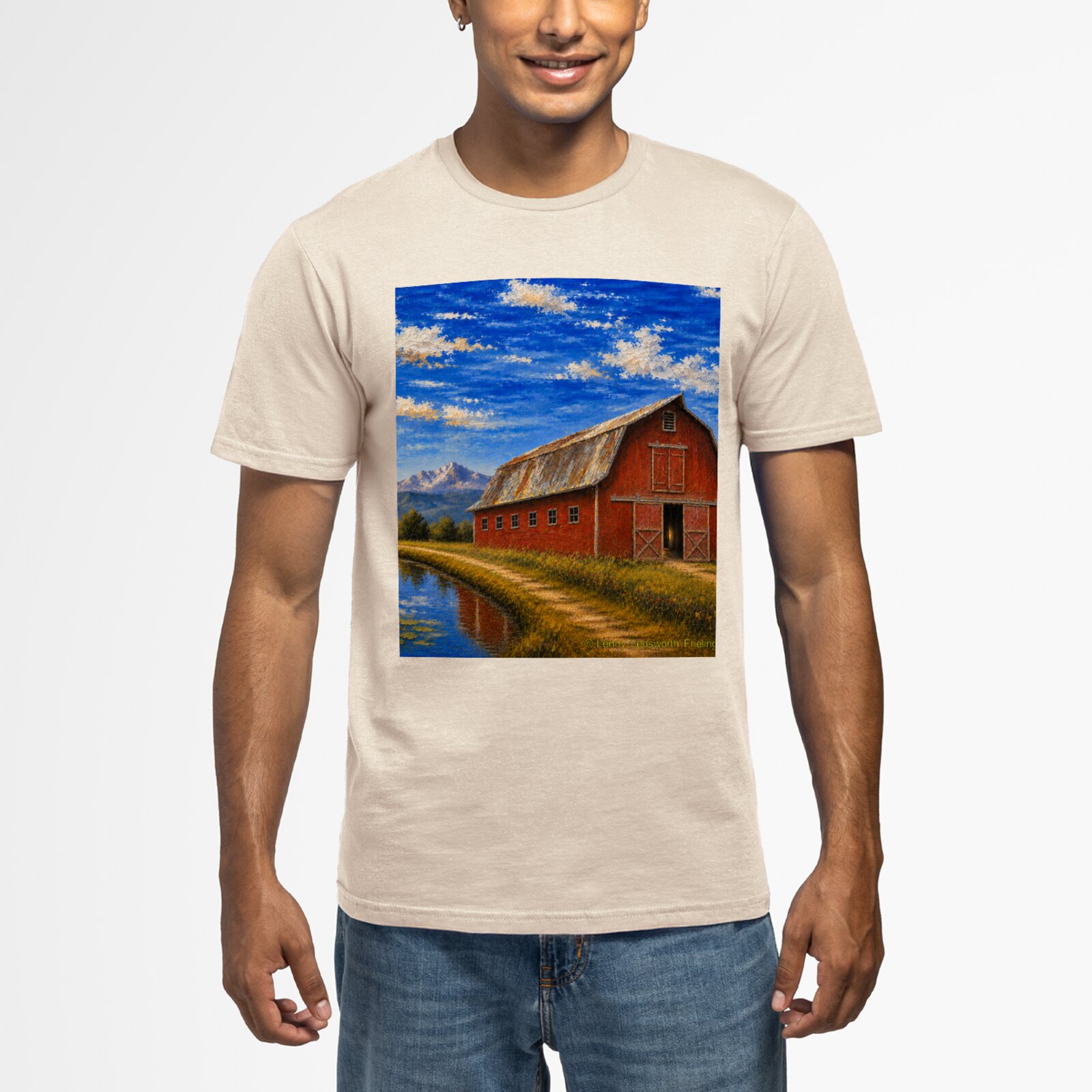 Red Barn #2 T-Shirt, Natural Red Barn #2 Lensworth design on a natural-colored T-shirt
