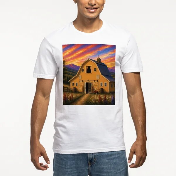 Yellow Barn at Sunset T-Shirt, White Yellow Barn at Sunset Lensworth design on a white T-shirt